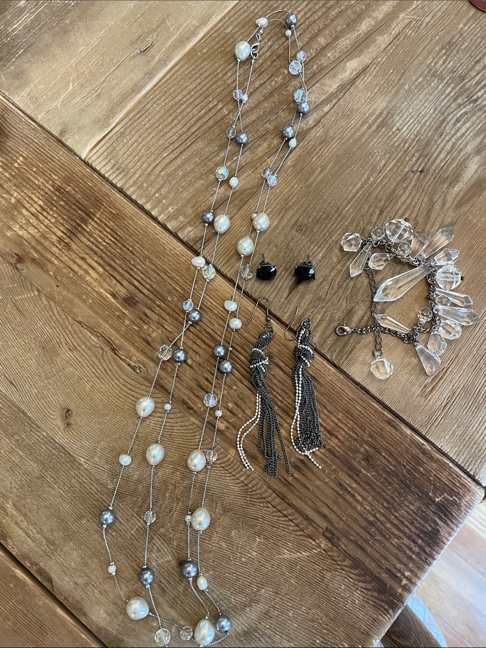Silver & Pearl Multi-Strand Necklace with Black Tassel Earrings